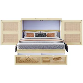 Redom Schrankbett 140/200 cm mit Lattenrost, Stauraumschubladen und Rattan-Design, farben , Naturfarben , Holzwerkstoff , 140x200 cm , Schlafzimmer, Betten