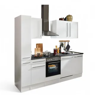 Stella Trading Jazz 8 Moderne Küchenzeile mit Elektrogeräten in Weiß Hochglanz, Metallic Grau - Geräumige Einbauküche mit viel Stauraum - 250 x 211 x 60 cm (B/H/T)