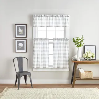 Curtainworks Country Modern Rustic Farmhouse Buffalo Check Kitchen Curtains Window Volant and Cafe Etags, 3-teiliges Set, 91,4 cm, Grauweiß