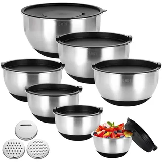 Edelstahl Schüssel Set, 7-teilig Salatschüssel mit Deckel, 3 Reibenaufsätzen, Rührschüssel Set für Backen Aufbewahrung, Stapelbar, Vielseitigkeit, Spülmaschinenfest (0,63/1/1,5/2/3/4/5 QT)