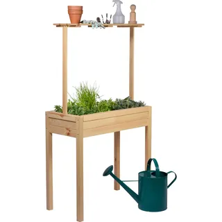 dobar® 58255FSCe Hochbeet Florenz Massiv-Holz | Salatbeet mit erhöhter Ablage | Balkonbeet Schmal | Erhöhtes Gemüsebeet inklusive Pflanzvlies | 80 x 40 x 145 cm | Natur