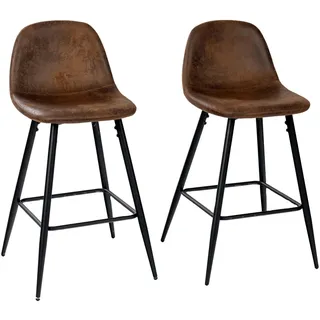 39F FURNITURE DREAM Set of 2 Industrial Style Bar Stools Suede Fabric Seat and Black Metal Legs Seat Height 66cm, Brown, 50x47.5x91.5cm