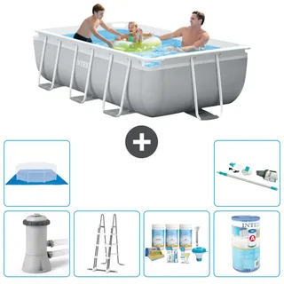 Intex Rechteckiges Prisma-Rahmen-Schwimmbecken – 300 x 175 x 80 cm – Grau – inklusive Pumpe – Leiter Wartungspaket - Filter - Bodenplane - Staubsauger - Grau