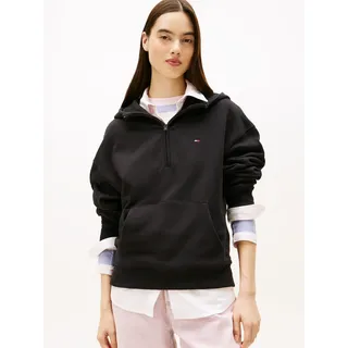 Kapuzensweatshirt TOMMY JEANS "TJW BXY S-FLAG 1/4 ZIP HOODIE", Damen, Gr. S (36), schwarz, Sweatware, Obermaterial: 100% Baumwolle, unifarben, regular fit, Rippbündchen, Sweatshirts Kapuzensweatshirt