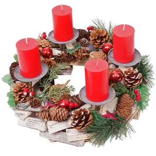 MCW Adventskranz Holz MIT Kerzen ROT Grau, Multicolor, Rot , Holz , 12 cm , Dekoration, Weihnachtsdekoration, Adventskränze