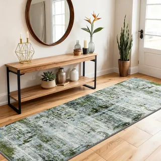 SOANNY Teppich Läufer 60x180 cm Kurzflor, modern abstrakt, super weich, waschbar und rutschfest für Flur, Wohnzimmer, Schlafzimmer, Bettumrandung, Küche, Heimbüro, Korridor und Treppe, Moosgrün