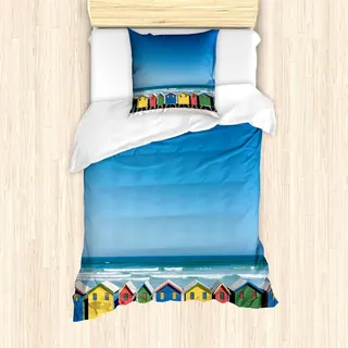 ABAKUHAUS Reise Bettbezug Set, Bunte Badehäuser bei Muizenberg Cape Town Südafrika, das in Folge touristisch steht, 135 x 200 cm + 80 x 80 cm, Mehrfarbig