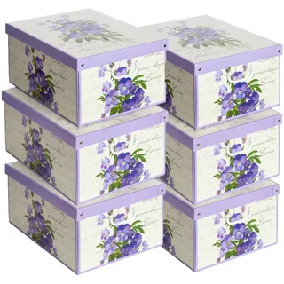 Set aus 6 Aufbewahrungsboxen mit Deckel – Große Kleiderboxen aus Karton 39x50x24 cm – Robust, leicht zu montieren, mit Tragegriffen – Perfekt für Kleiderschrank & Saisonwechsel Veilchen