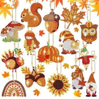 Homgaty Diamond Painting Herbst Anhänger - 15 Stück 5D Wichtel Diamant Painting Schlüsselanhänger für Kinder Erwachsene, Doppelseitige Diamant Malerei Kit für Erntedankfest Ernte Halloween Deko