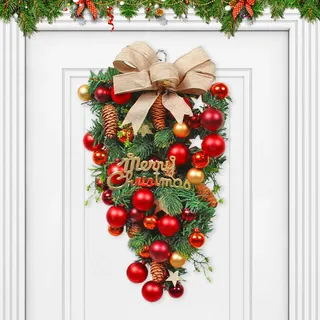 Türkranz Weihnachten Beleuchtet, 30 LED 50CM Künstlicher Weihnachtskranz mit Schleifen Roten Kugeln und Süßigkeiten, Weihnachtsdeko Türkranz für Haustür Wand Fenster Kamin (A)