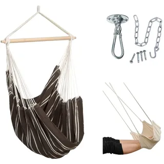 AMAZONAS Hängesessel Brasil Set Mocca | Brasil Hängesessel + Deckenhaken Power Hook + Fußablage | Sitzfläche 130x160 cm bis 150 kg hellgestreift
