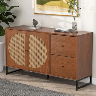 okwish Sideboard mit 2 Rattan verzierten Türen und 2 Schubladen Kommode Küchenschrank, Mehrzweckschrank, Highboard mit Metallgriffe, für Schlafzimmer & Wohnräume & Büro Braun - Braun