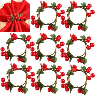 wordmouk Weihnachten Serviettenringe 8Pcs Rote Beeren Serviettenhalterring 4.5cm Miniatur Serviettenschnalle Dekokranz Napkin Rings Holder für Weihnachten Hochzeitsfeiern Party Abendessen Restaurant