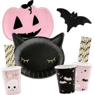 56-teiliges Party-Set Halloween Kürbis Katze Fledermaus - Teller Becher Servietten Trinkhalme für 12 Personen