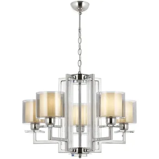 Modern Chrome Chandelier, 90 cm Height x 70 cm Diameter, 5 x E27 Max 40W, Elegant Glass Cap, Solid White Color, Perfect for Glam Home Décor