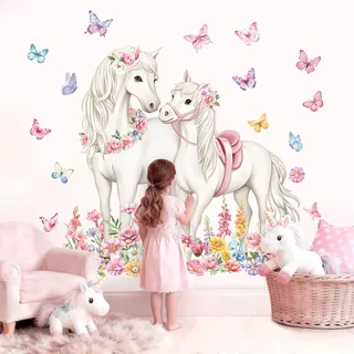 decalmile Wandsticker Pferdekopf mit Blumen Wandtattoo Pferde Mädchen Einhorn Blumen Schmetterling Wandaufkleber Schlafzimmer Babyzimmer Wohnzimmer Wanddeko