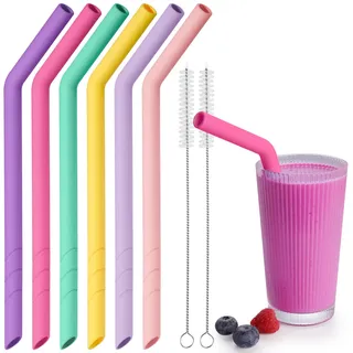 NiHome 6 Stück Silikon Strohhalme Wiederverwendbar, Extra Breite Trinkhalme für Boba, Smoothies & Bubble Tea – Zuschneidbare Länge, BPA-frei, mit 2 Reinigungsbürsten, Spülmaschinenfest(Mädchenfarben)