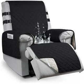 Sesselschoner mit Armlehne, 100% Wasserdichter Sesselauflage mit Taschen, rutschfest Fernsehsessel Sesselschoner, Sesselbezug mit 2 Verstellbaren Riemen 1 Sitzer, Schwarz, L