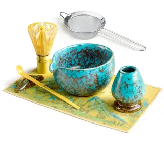 SURFOU Matcha Set 7 Stück, Matcha Schale mit Ausgießer, Bambus-Schneebesen, Schaufel, Besenständer, Filtersieb, Teetuchunterlage, Leicht zu Reinigen, Perfekt Für Einsteiger und Milchkaffee-Fans
