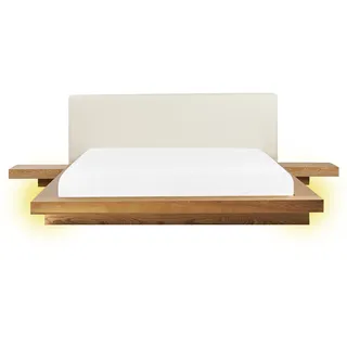 Beliani LED-Bett Naturfarbene Esche Kunstleder u. MDF-Platte Holzfurnier Lattenrost 160x200cm Nachttische Hohes Kopfteil Japanisch Plattform Futonbett - Hellbraun , Holzwerkstoff , 160x200 cm , Schlafzimmer, Betten