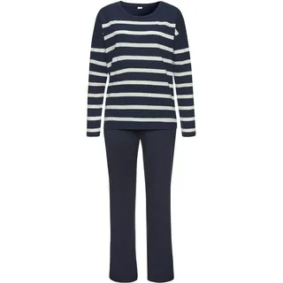Pyjama S.OLIVER, Damen, Gr. 48/50, blau (dunkelblau, weiß, gestreift), Single Jersey, Obermaterial: 60% Baumwolle, 40% Polyester, gestreift, unifarben, bequem lang, Rundhals, Homewear-Sets Pyjama, mit garngefärbten Streifen im Oberteil