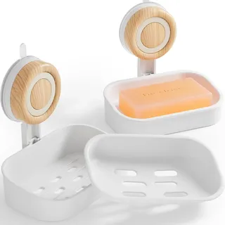 Seifenschale mit Ablauf, 2 Stück - Doppelstöckiger Seifenhalter mit Saugnapf, Wandmontage & Bohrfrei, Selbstentwässernde Seifenschale für Dusche, Badezimmer und Küchenspüle (Reinweiß)