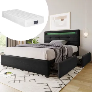 okwish Einzelbett Polsterbett Bettgestell mit LED-Beleuchtung und 2 Schubladen, 90x200cm, Höhenverstellbarem Kopfteil, Lattenrost aus Holz, Schwarz (Mit Matratze) - Schwarz