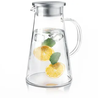 Arendo - Glaskaraffe 2 Liter - 2000 ml - Karaffe aus Glas mit Deckel - Wasserkaraffe aus lebensmittelechtem Edelstahl – Borosilikatglas hitzebeständig bis 100 °C – Sieb - hitze- und kältebeständig