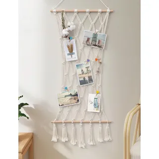 SUMGAR Wandregal Holz Makramee Wandbehang Regal Wand Boho Deko Schweberegal Quaste Handgewebte Natürliches Treibholz Hängeregal Chic Schwimmende Regale Für Wohnzimmer (Fotowand Collage)