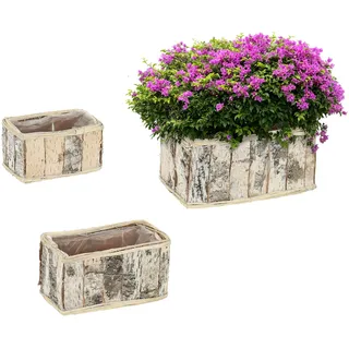 Relaxdays Blumentopf, 3er Set, länglich, Birke, Pflanzentöpfe mit Folie, Pflanzkörbe für innen und außen, weiß/Natur