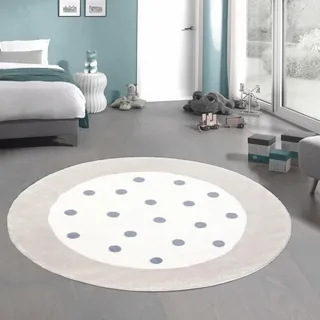 CARPETIA Kinder-Teppich weich Rund pflegeleicht Creme-grau Punkte-Umrandung 120 cm rund