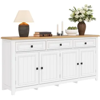 Stilvora Sideboard in Weiß und Naturfarben Anrichte mit 3 Schubladen für Wohnzimmer und Esszimmer, B160/T35/H76 cm , Metall, Holzwerkstoff , 4 Fächer , Rechteckig,Rechteckig , 160x76x35 cm , Kleinmöbel, Kommoden, Sideboards