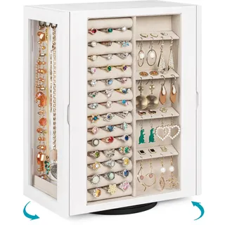 Emfogoo Schmuckkästchen 360° Drehbar, Große Holz Schmuckkasten Organizers 5 Schubladen, Glastüren, Vertikale Offenes Design Schmuckaufbewahrung für Ringe Ohrringe Halsketten Armbänder (Vintage Weiß)