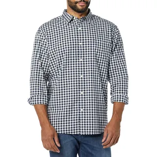 Amazon Essentials Herren Langärmeliges Business Hemd aus Popeline Normale Passform, Marineblau Weiß Vichy-Muster, XS