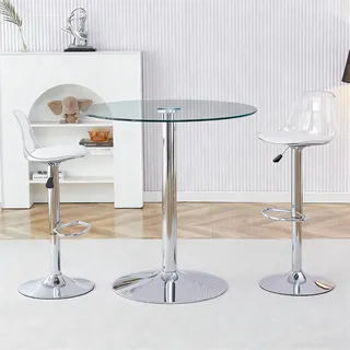 MODFU Esszimmerstuhl Set,Barhocker mit 2 Stühle silbernen Metallbeinen und Esstisch mit Transparenter Glastisch,89 cm runder Tisch,Drehstuhl mit höhenverstellbar & drehbar - Silber