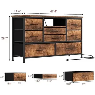 TV Lowboard mit 8 Schubladen - TV-Schrank/Kommode - Mit Steckdose - LED-Beleuchtung - Für TVs bis 140 cm - Skandinavisches Design - Braun - Braun
