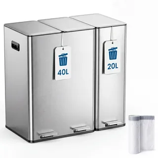 YEAUPE PRO Mülleimer Küche 60L (2x20L + 20L) 3 fächer Treteimer Edelstahl | Recycling Abfalleimer für Mülltrennung, Soft-Close Deckel, Herausnehmbare Inneneimer, Geruchsfilterfach, inkl. 15 Müllbeutel
