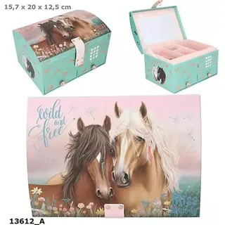 depesche vertrieb gmbh co. kg Depesche 13612 Miss Melody - Großes Schmuckkästchen in Türkis und Rosa, mit Pferde Motiv und roségoldenem Muster, Schmuckbox mit Code, Sound und Spiegel