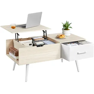 Yaheetech Couchtisch Höhenverstellbar, Beistelltisch mit Stauraum & offene Fächer, Wohnzimmertisch mit Geteilter Tischplatte, Lift-Top Kaffeetisch fürs Wohnzimmer/Esszimmer, Helle Holzfarbe