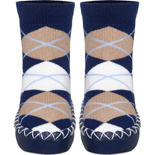 Playshoes Unisex Kinder Anti-Slip Cotton Socks Stripes Kniestrümpfe, Marine-Karo, 19/22