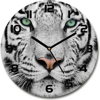 Wanduhr aus Glas 30fi Glasbild Glasuhr Gehärtetes Glas - schwarze-zeiger - White Tiger - Weiß