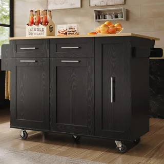 MODFU Kücheninsel,Multifunktionaler Küchenschrank, Sideboard,Buffetschrank, Aufbewahrungsschrank ,Speisewagen,Kücheninsel mit Stretchfunktionsschränken,Schwarz - Schwarz