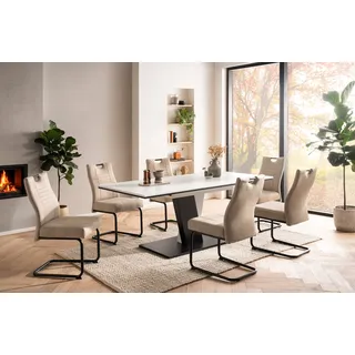 OTTO home "Altona", Esstisch ausziehbar plus 6 Stühle", weiß, beige, beige, schwarz, Microfaser, Synchron-Auszug, Sitzmöbel-Sets, Essgruppe, Säulentisch 140-180x90 cm, Stuhl mit Federkorb, 140 kg belastbar,