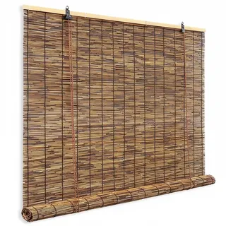 Sichtschutz Rollo Außen & Bambusrollo, 80 90 100 120 140 cm Breit, Balkon Sichtschutz Wetterfest, Natur Schilf Vorhang mit Lifter, Bambus Fenster Tür(W175cm x H215cm)