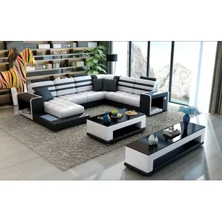 Ecksofa Polster Ecksofa U Form Couchtisch Sideboard Ledersofa JVmoebel - Weiß