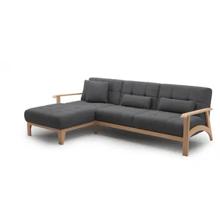 Cavadore Ecksofa Billan / Schlafsofa im skandinavischen Design mit Longchair, Bett und massivem Holzgestell in Buche / 264 x 88 x 183 / Mehrfarbiger Strukturstoff, Dunkelgrau