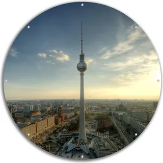 Wallario rundes Outdoor-Poster für Garten oder Balkon, Motiv Fernsehturm Berlin mit Panoramablick über die Stadt, 60 cm Durchmesser - Blau