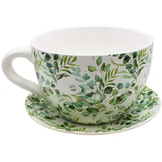 Dekohelden24 Blumentopf, Pflanztasse, Pflanzkübel, Pflanzgefäß, Blumenkübel, Pflanztopf. Übertopf als Tasse mit Griff aus Keramik, Motiv: Ranke, L/B/H 25 x 23 x14 cm.