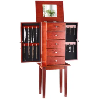 VEVOR Schmuckschrank, stehende Schmucktruhe aus Holz mit 4 geräumigen Schubladen, Klappspiegel, 4 oberen Ablagefächern, Griffen aus Zinklegierung, 2 Seitentüren mit 16 Halskettenhaken