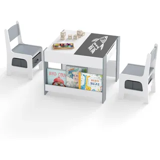 FANTASK 4 in 1 Kindertisch mit 2 stühlen, Multifunktionale Kindersitzgruppe Holz mit wendbarer Tischplatte, Bücherregal & Boxen, Sitzgruppe mit Stauraum für Kinder ab 3 Jahren (Grau)